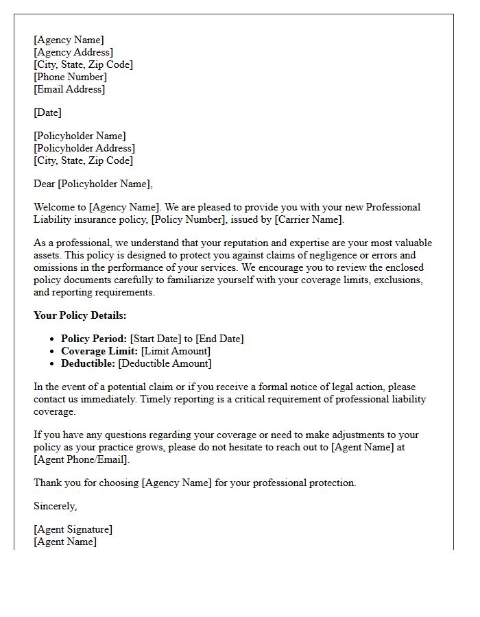 Agency Welcome Letter for New Professional Liability Policyholders