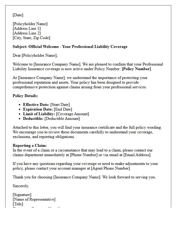 Official Welcome Letter for Your Professional Liability Coverage