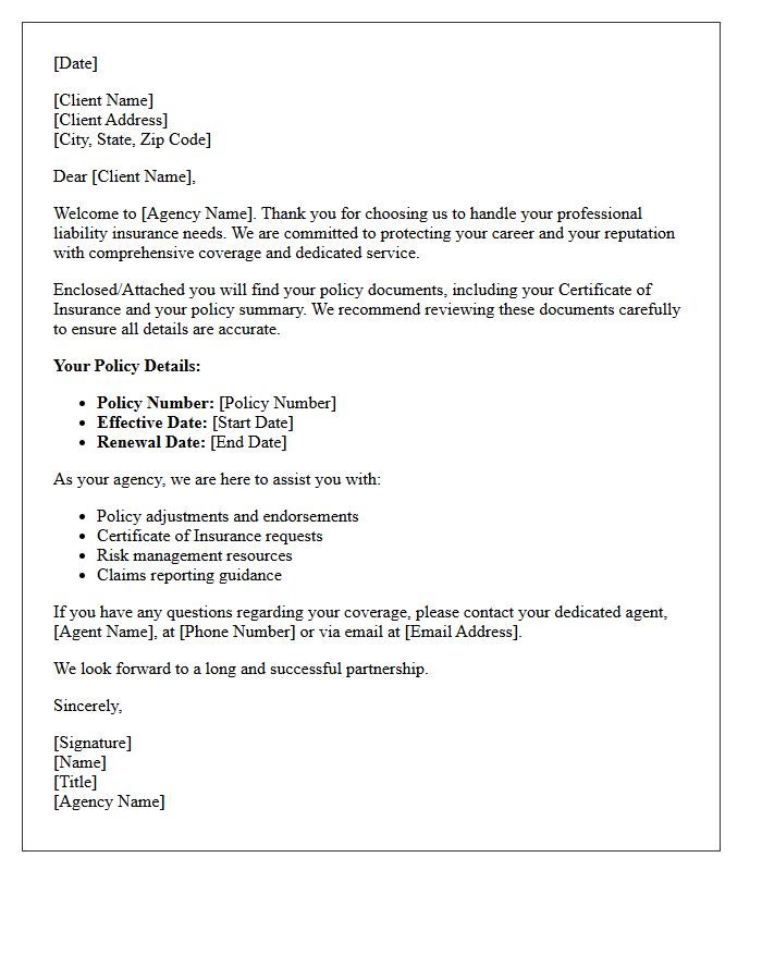 Professional Liability Insurance Agency Welcome Letter