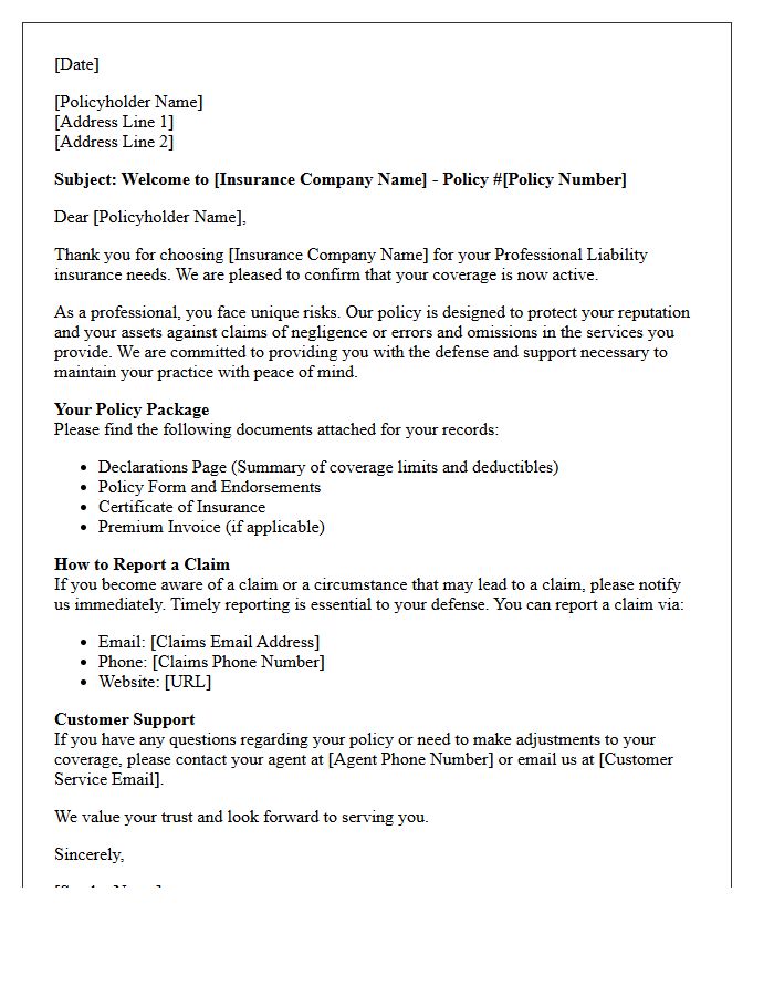 Professional Liability Policyholder Welcome Letter