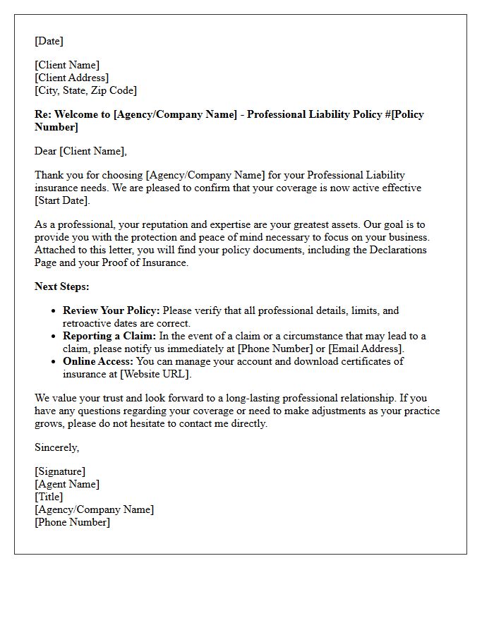Welcome Letter for New Professional Liability Clients