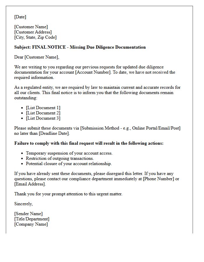 Final Notice For Missing Due Diligence Documentation Letter