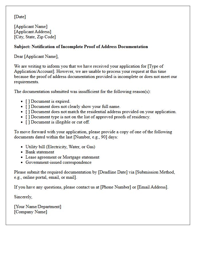 Incomplete Proof Of Address Documentation Letter