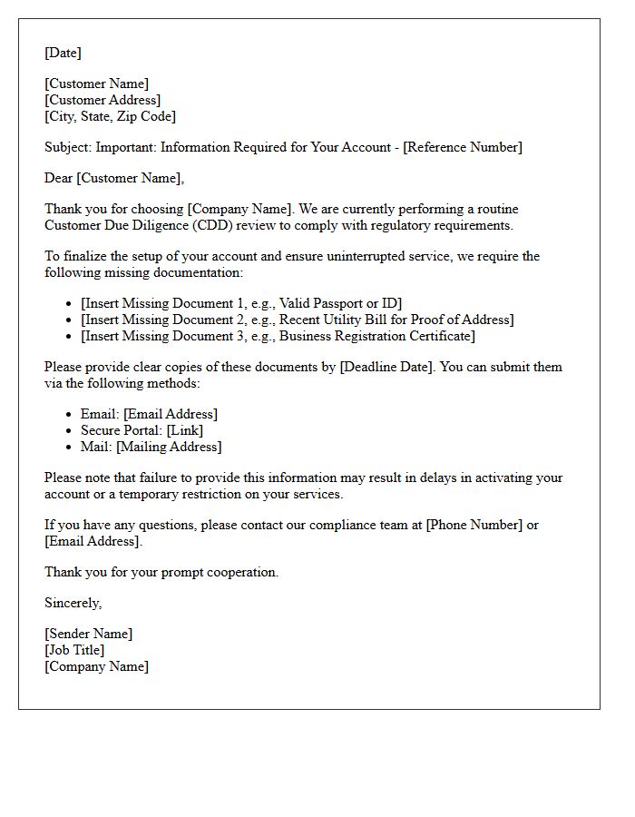 Initial Customer Due Diligence Missing Documentation Letter