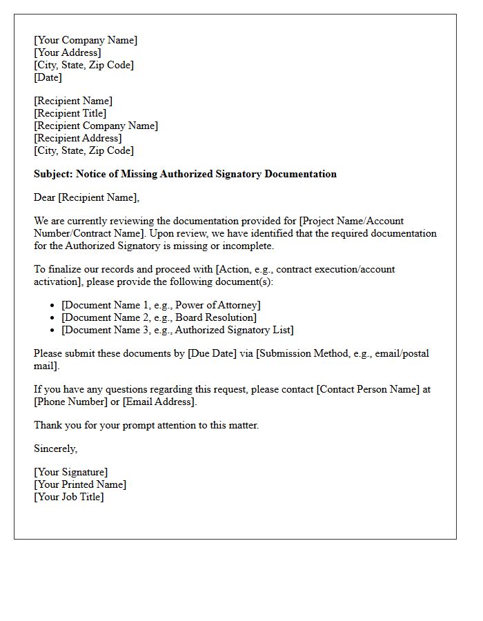 Missing Authorized Signatory Documentation Letter