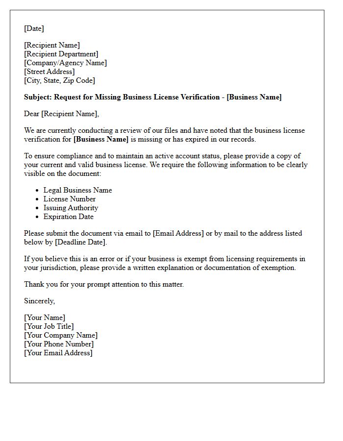 Missing Business License Verification Letter