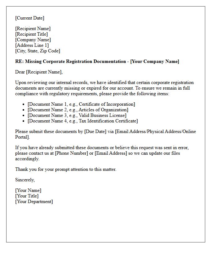 Missing Corporate Registration Documentation Letter