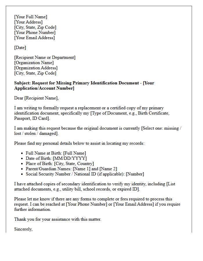 Missing Primary Identification Document Request Letter
