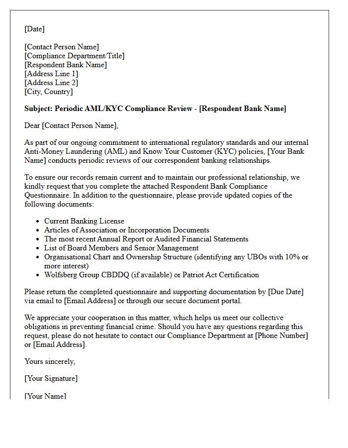 Respondent Bank Compliance Questionnaire Letter