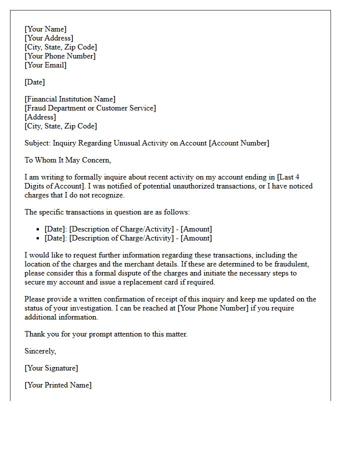 Unusual Account Activity Inquiry Letter