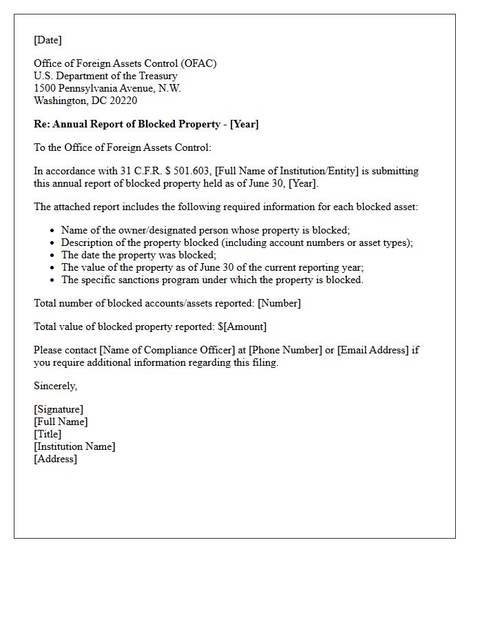 Annual Blocked Property Sanctions Match Report Letter