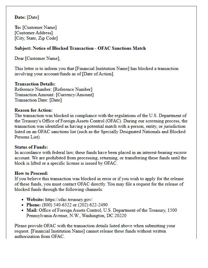 Blocked Transaction Office of Foreign Assets Control Sanctions Match Notification Letter