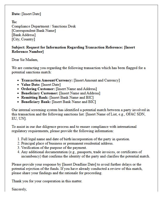 Correspondent Bank Sanctions Match Inquiry Letter