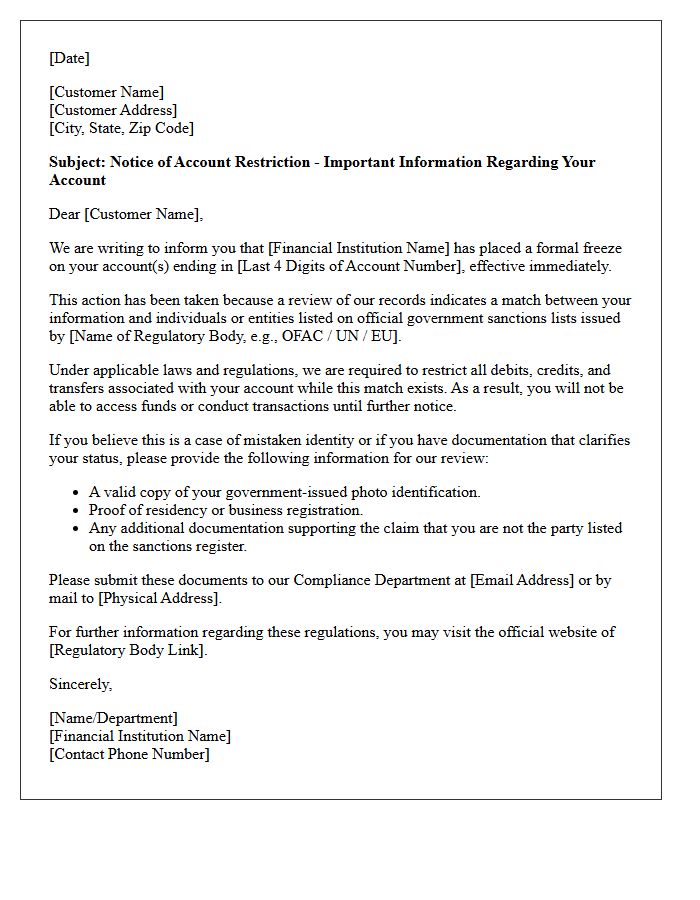 Customer Account Freezing Sanctions Match Notification Letter