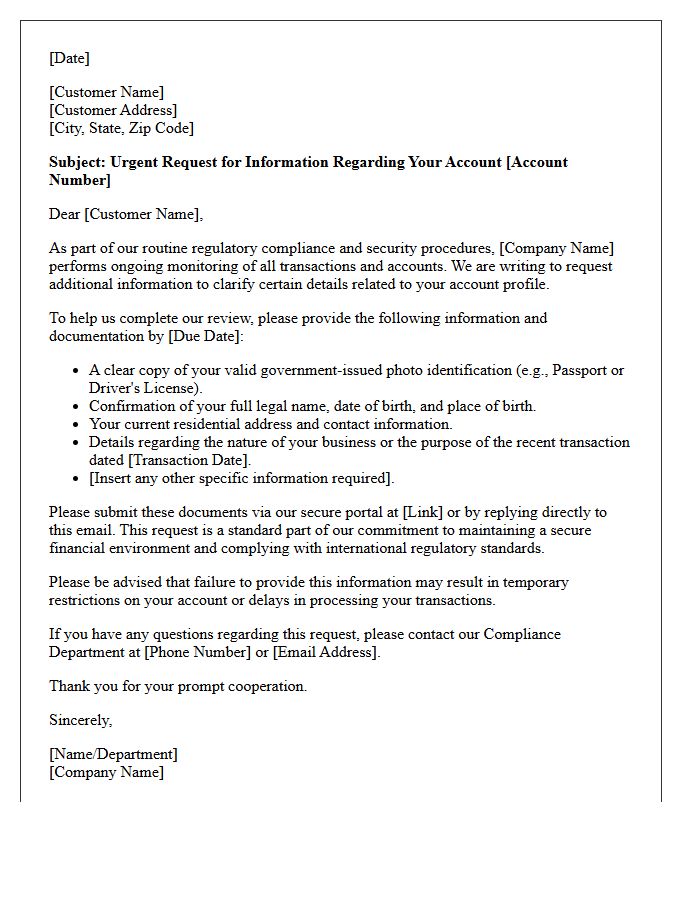 Customer Information Request for Sanctions Match Investigation Letter