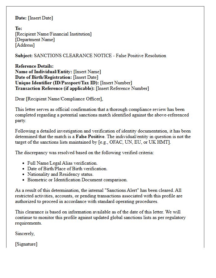 False Positive Sanctions Match Resolution Clearance Letter
