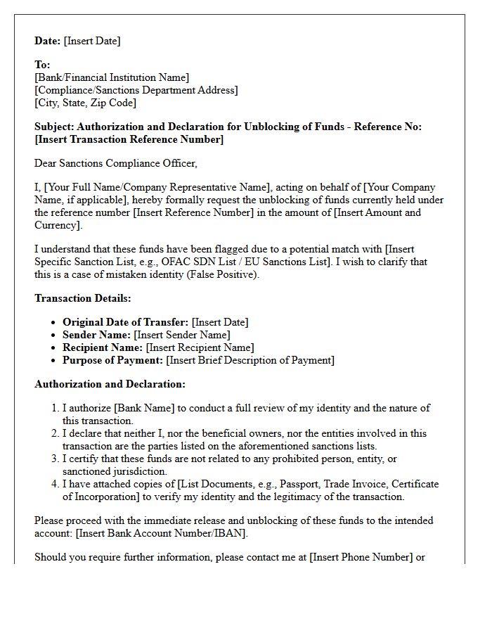 Funds Unblocking Sanctions Match Authorization Letter