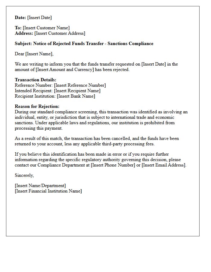 Rejected Funds Transfer Sanctions Match Report Letter