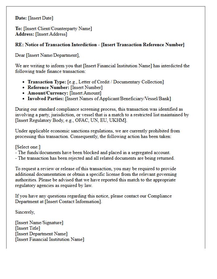 Trade Finance Sanctions Match Interdiction Letter