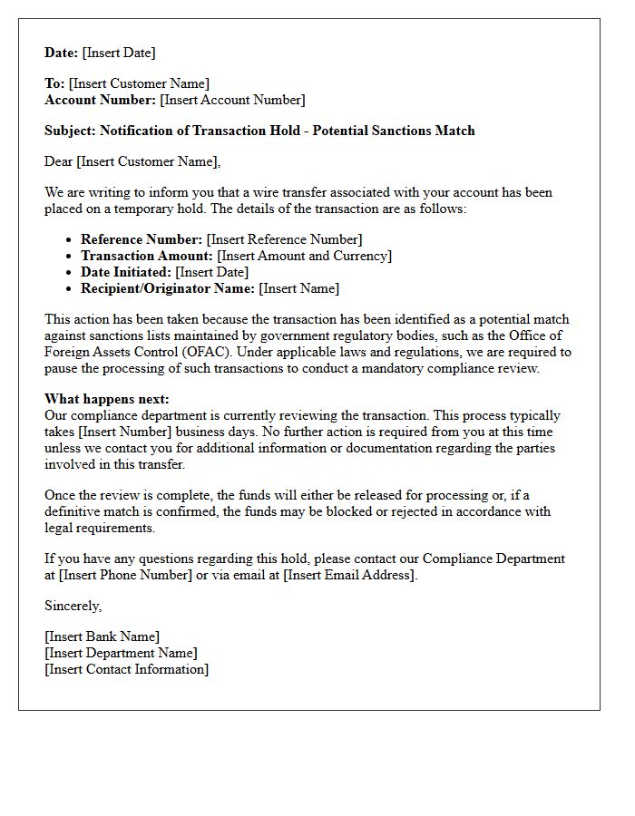 Wire Transfer Hold Sanctions Match Notification Letter