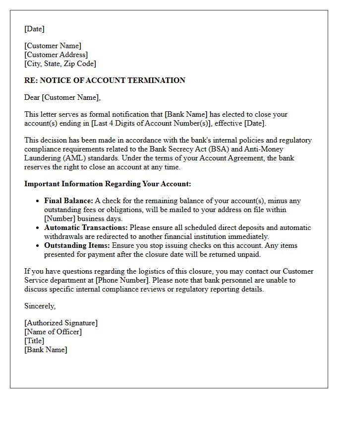 Bank Secrecy Act Non-Compliance Account Termination Letter