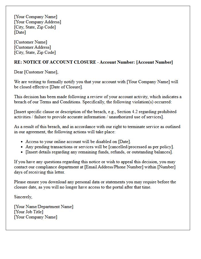 Breach of Terms and Conditions Account Closure Letter