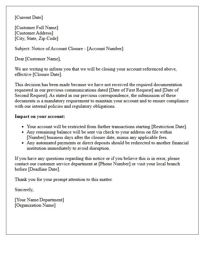 Failure to Provide Required Documentation Account Closure Letter