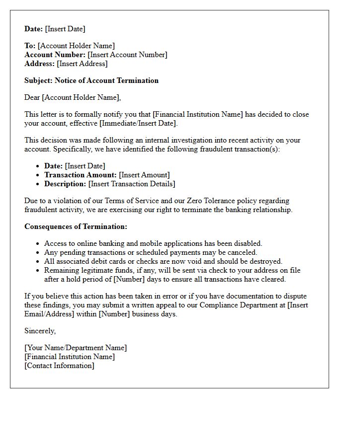 Fraudulent Transaction Account Termination Notice Letter