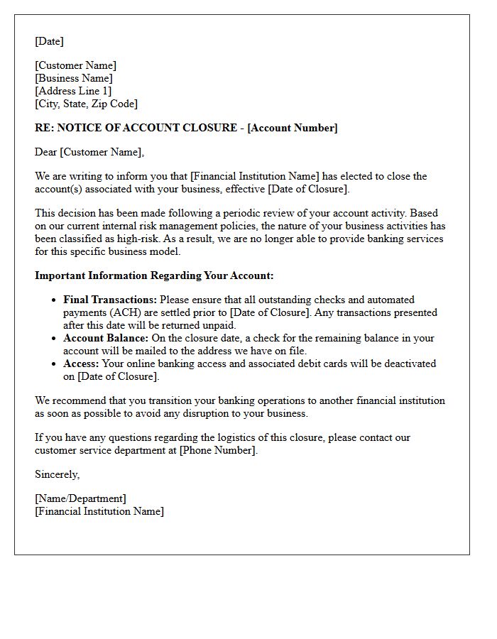 High-Risk Business Activity Account Closure Letter
