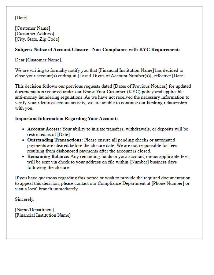 Notice of Account Closure Letter for Know Your Customer Non-Compliance