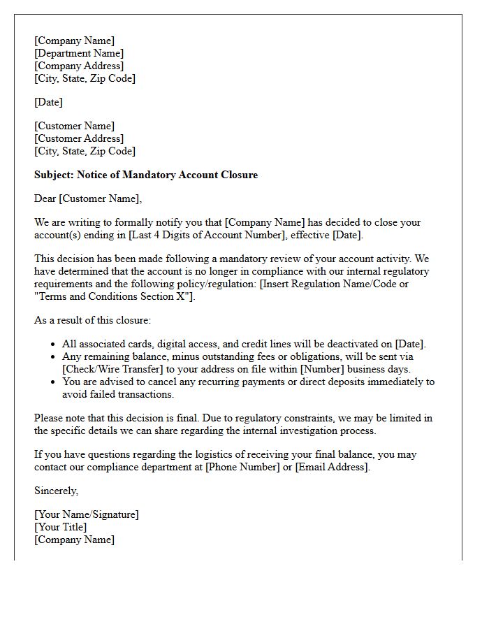 Regulatory Compliance Violation Account Closure Letter