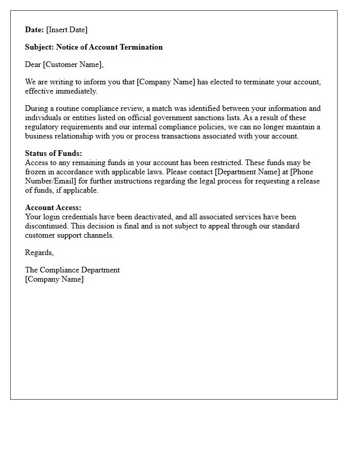Sanctions List Match Account Termination Letter