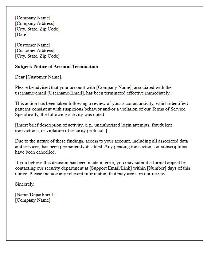 Suspicious Activity Account Termination Letter