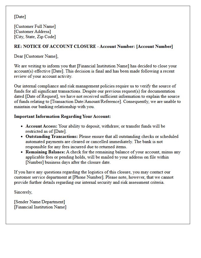 Unexplained Fund Source Account Closure Notice Letter