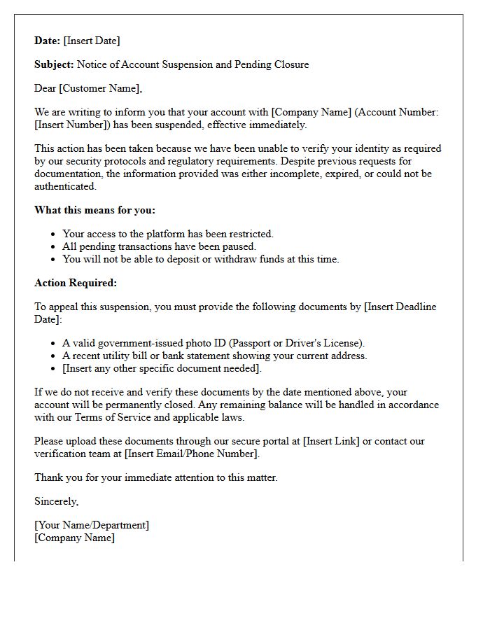 Unverified Identity Account Suspension and Closure Letter