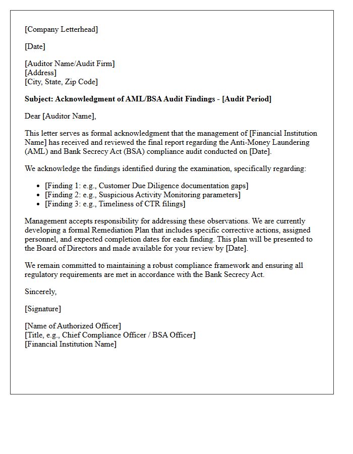 Anti-Money Laundering and Bank Secrecy Act Audit Findings Acknowledgment Letter
