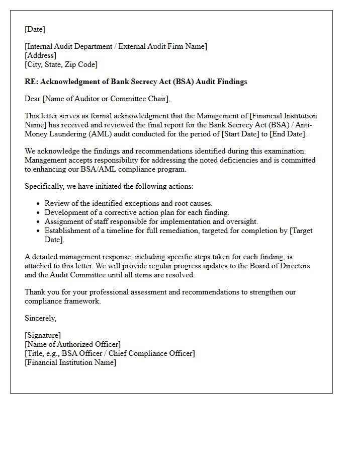 Bank Secrecy Act Audit Findings Acknowledgment Letter
