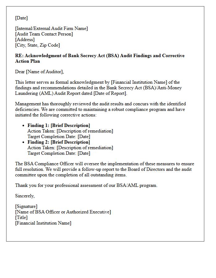Bank Secrecy Act Audit Findings Corrective Action Acknowledgment Letter