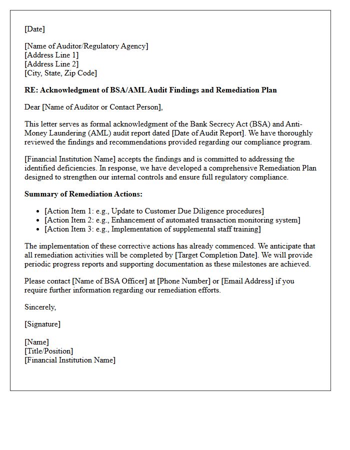 Bank Secrecy Act Audit Findings Remediation Plan Acknowledgment Letter
