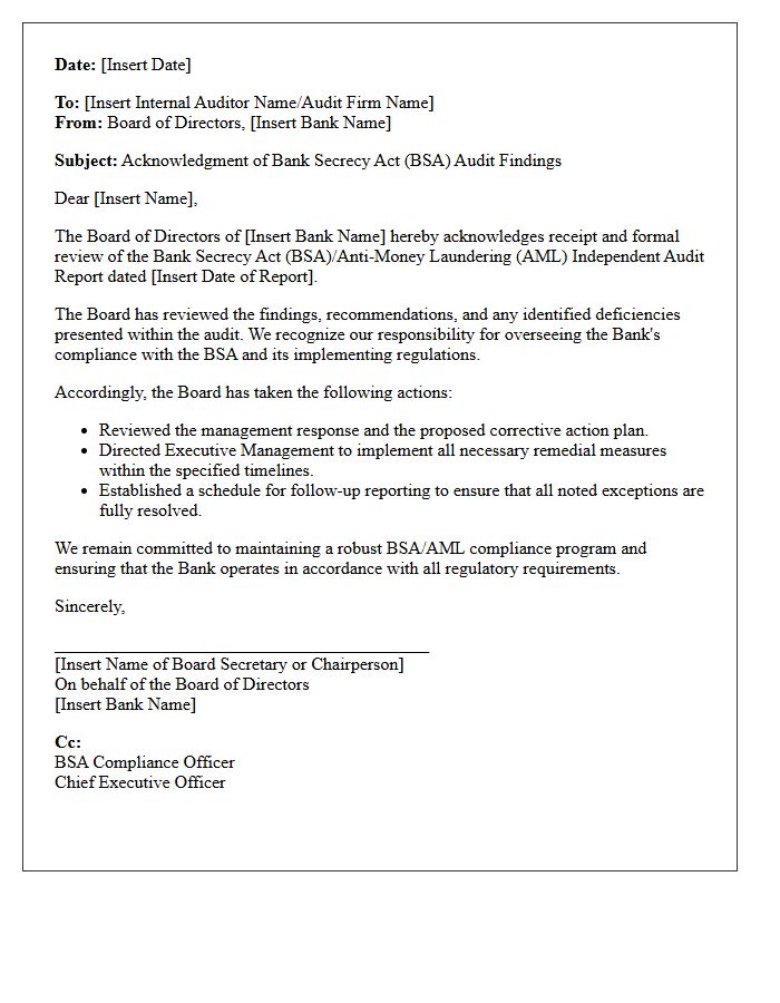Board of Directors Bank Secrecy Act Audit Findings Acknowledgment Letter