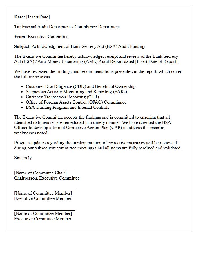 Executive Committee Bank Secrecy Act Audit Findings Acknowledgment Letter