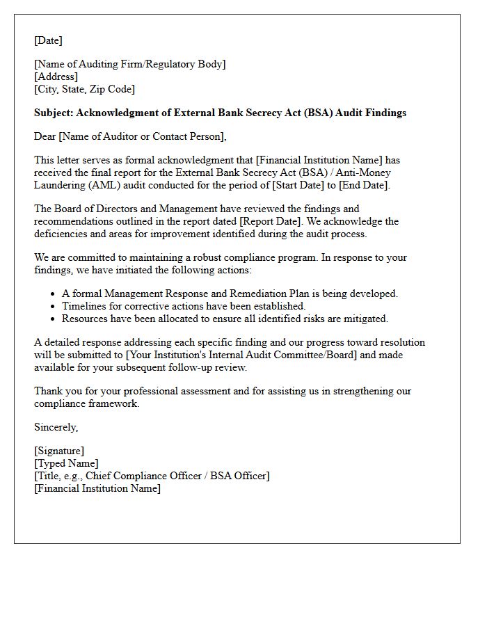 External Bank Secrecy Act Audit Findings Acknowledgment Letter