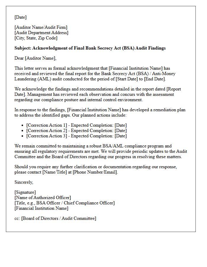 Final Bank Secrecy Act Audit Findings Acknowledgment Letter