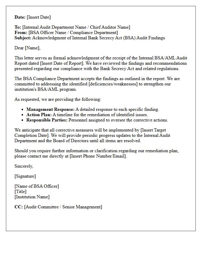 Internal Bank Secrecy Act Audit Findings Acknowledgment Letter