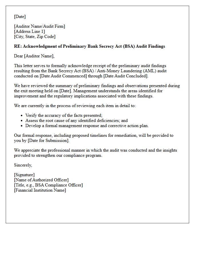 Preliminary Bank Secrecy Act Audit Findings Acknowledgment Letter