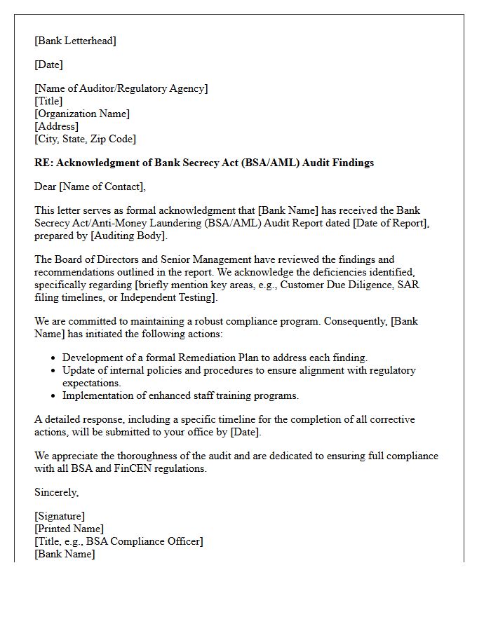 Regulatory Bank Secrecy Act Audit Findings Acknowledgment Letter