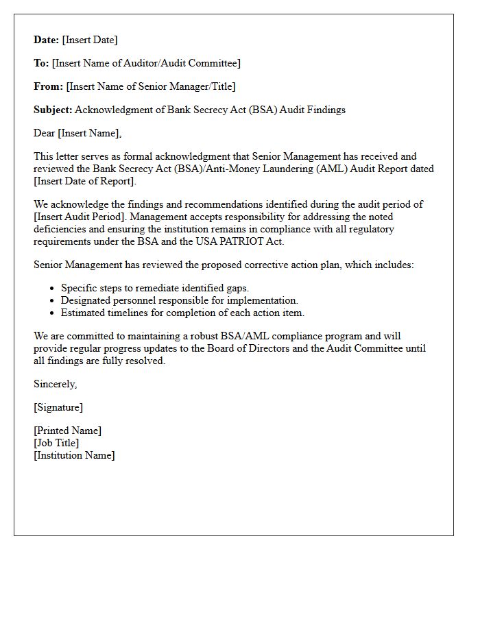 Senior Management Bank Secrecy Act Audit Findings Acknowledgment Letter