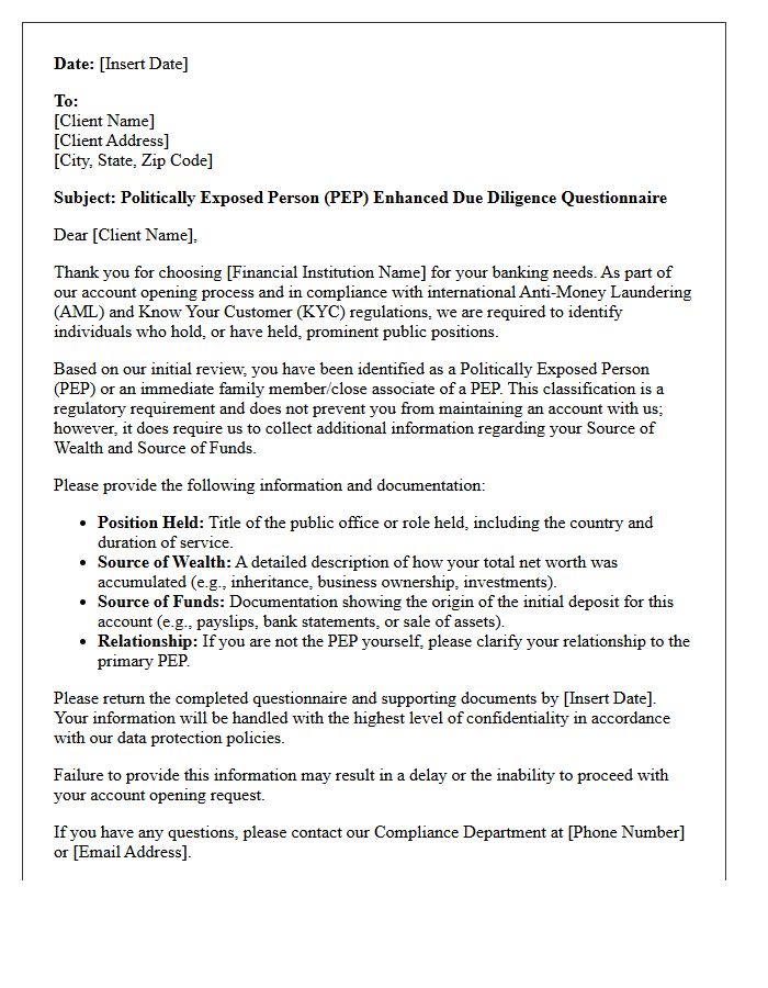 Account Opening Politically Exposed Person Compliance Letter