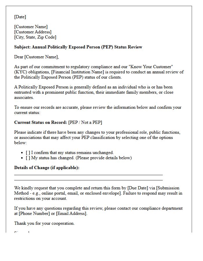 Annual Politically Exposed Person Status Review Letter