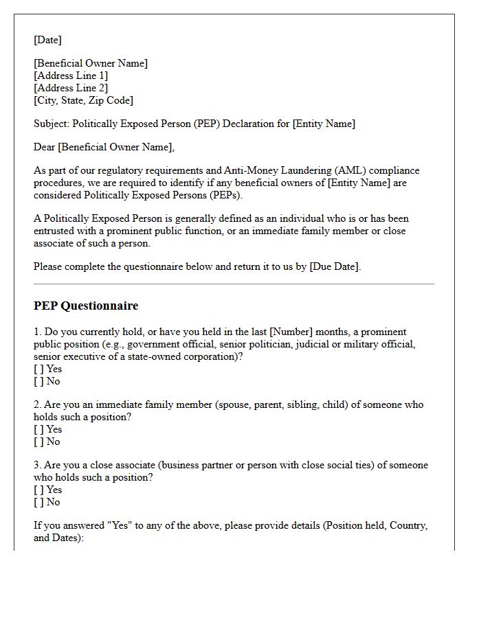 Beneficial Owner Politically Exposed Person Questionnaire Letter